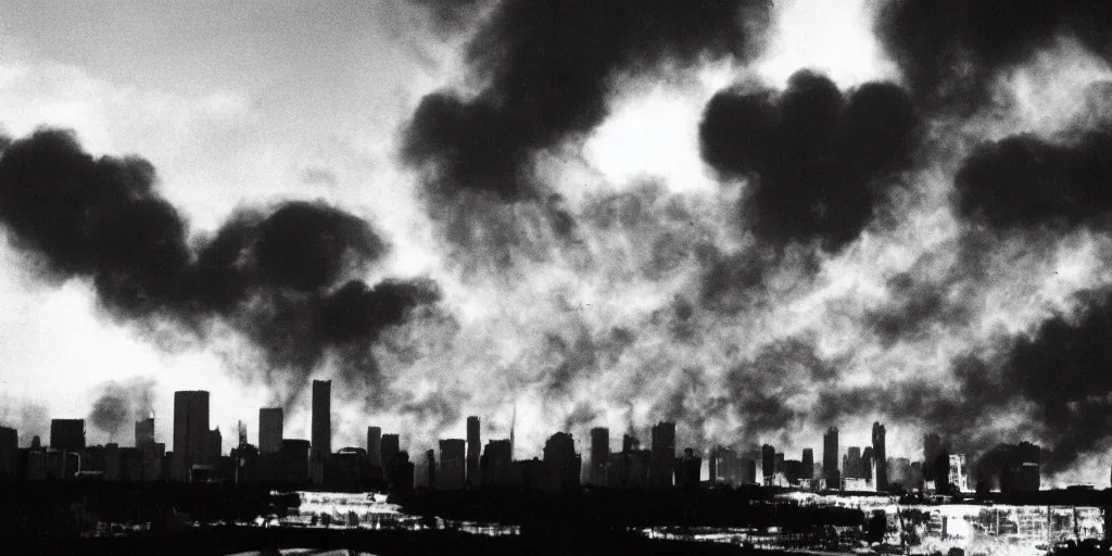 Image similar to diseselpunk skyline engulfed in flames, wide angle shot, 120 black and white film