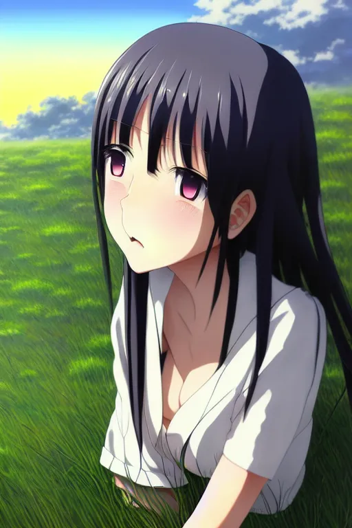 Prompt: anime art full body portrait character concept art, anime key visual of young female, dark black straight bangs and large eyes, finely detailed perfect face delicate features directed gaze, laying down in the grass at sunset in a valley, trending on pixiv fanbox, studio ghibli, extremely high quality artwork
