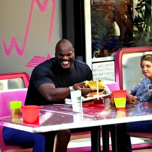 Prompt: shaq having lunch at the the flamingo cafe by william maranci