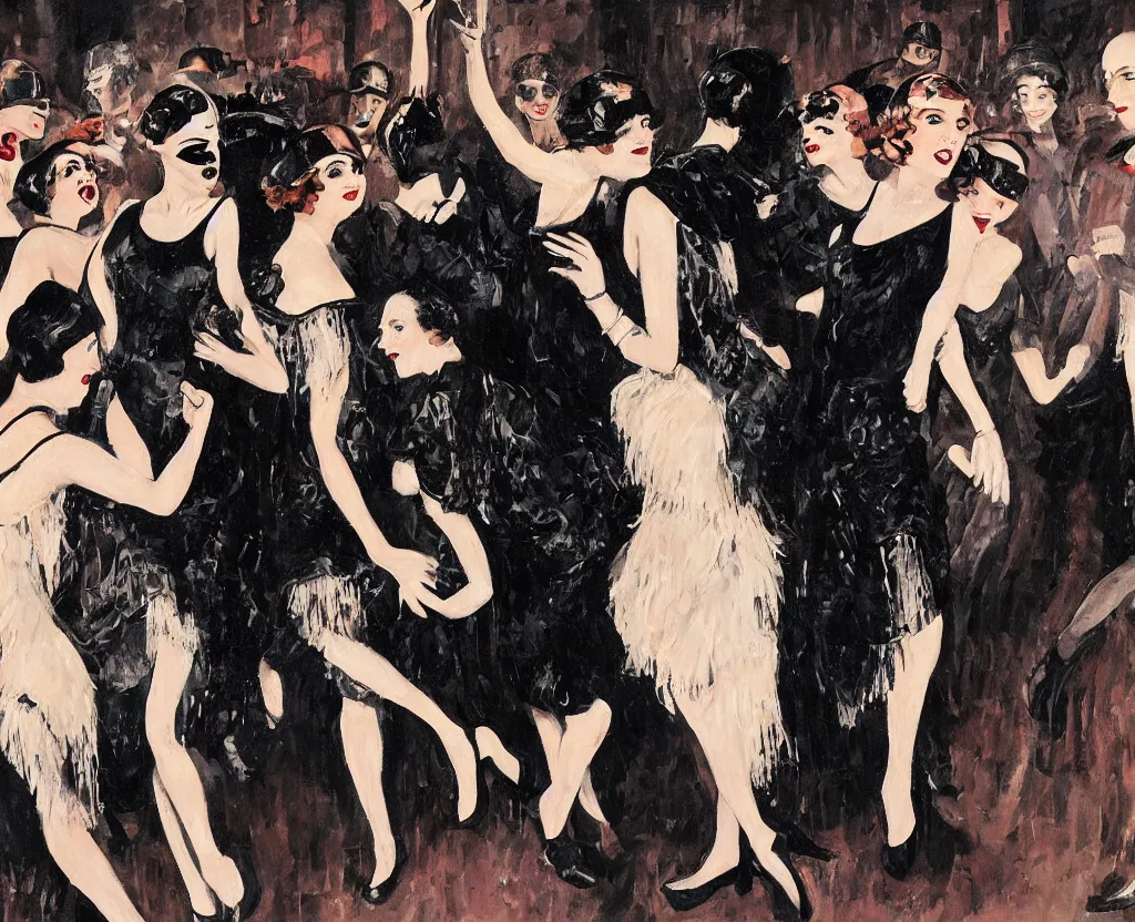 Prompt: realistic painting of a 1 9 2 0 s short - haired flapper woman in black satin gloves dancing with others surrounding her in the center of a party in a dimly lit speakeasy, jazz age, precise, wide lens photography, cohesive, stylistic, cinematic, low - lighting