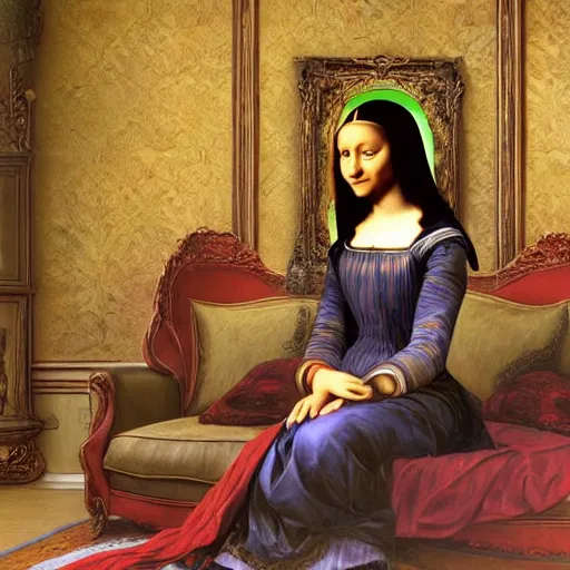 Prompt: Monalisa is sitting on her living room couch. She is dressed casually and is watching TV, Regal, Realistic, Refined, Detailed Digital Art, Josephine wall, Oil Painting, William-Adolphe Bouguereau, Art Frahm, Esao Andrews, Steampunk, Highly Detailed, Cinematic Lighting, Unreal Engine, 8k, HD