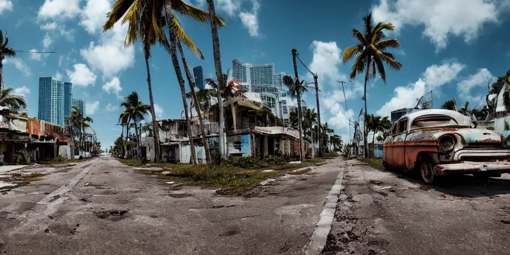 Image similar to low wide angle shot of dilapidated fallout 5 miami, tropical coastal city in real life, desolate, dilapidated, empty streets, some rusted retro futuristic vintage styled parked vehicles like cars, buses, trucks, trams, sunny weather, few clouds, volumetric lighting, photorealistic, daytime, spring, sharp focus, ultra detailed