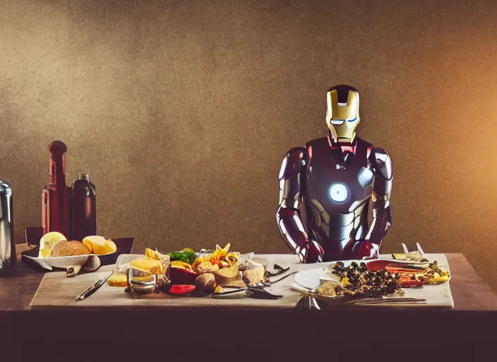 Image similar to a reflective steel engineering mask of ironman on table, medieval themed castle in golden afternoon light, professional food photography