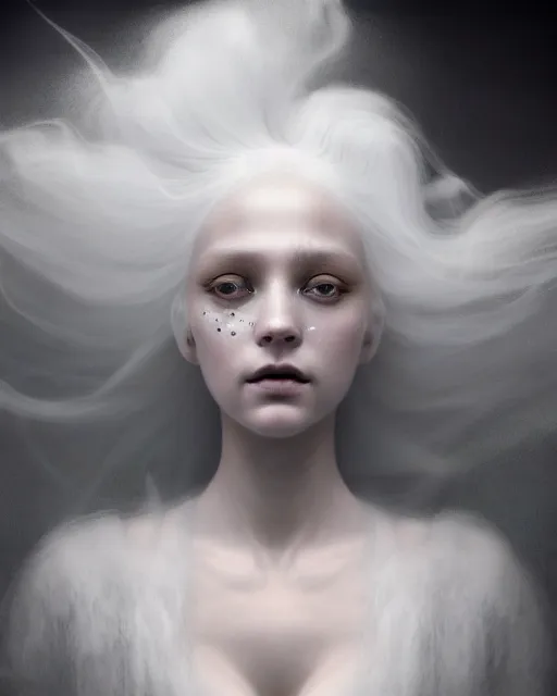 Image similar to delicate, dreamy, feminine, subsurface scattering, white, young beautiful robot - cyborg in cosmos long white hair floating in air, fluid smoke art, black and white, octane render, dino valls, mark ryden, joe fenton, michal karcz, highly detailed, rim light, art, cinematic lighting, very coherent, hyper realism, 8 k