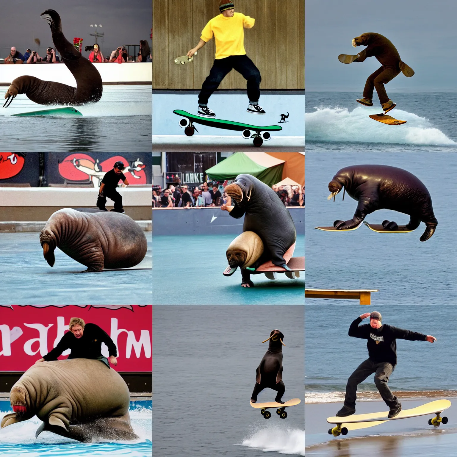 Prompt: A walrus riding tony hawk like he’s a skateboard