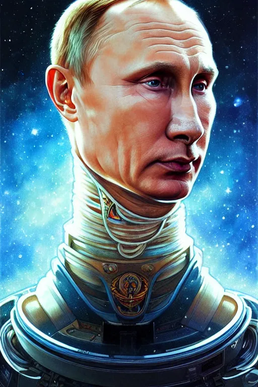 Image similar to Portrait of Putin in space, D&D, blue eyes, face, fantasy, intricate, elegant, highly detailed, digital painting, artstation, concept art, smooth, sharp focus, illustration, art by artgerm and greg rutkowski and alphonse mucha