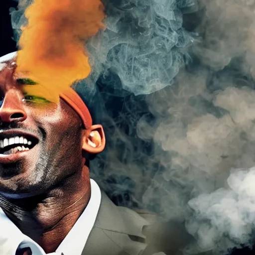 Prompt: selfie of kobe bryant holding a giant cigarette in a helicopter filled with smoke, 8k resolution, hyper detailed, shot in the air