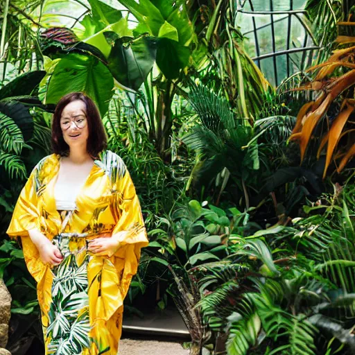 Image similar to medium photo portrait of a woman wearing a yellow kimono in a tropical greenhouse