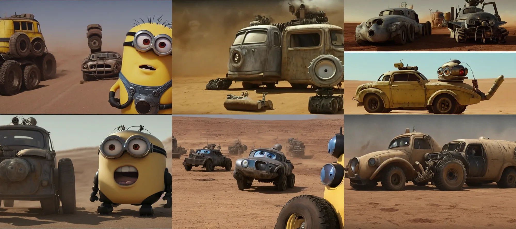 Prompt: a minion robot, mechabot, movie pixar cars (2006) in the Movie Mad Max: Fury Road (2015)