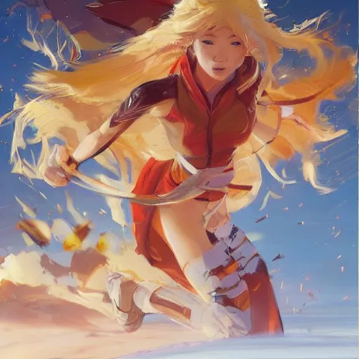 Image similar to Yang Xiao Long from RWBY by John Berkey and Peter Mohrbacher, rule of thirds, beautiful, in intergalactic hq, Refined, masterpiece, face anatomy