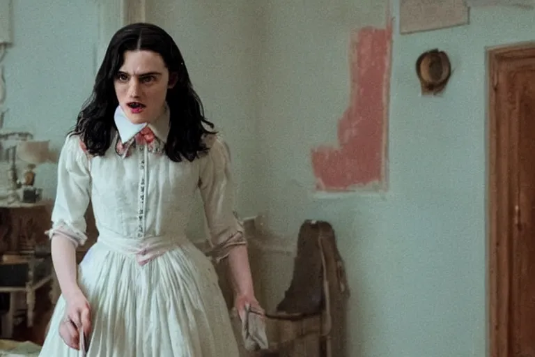 Prompt: mid-shot of Katie McGrath as the maid in the new movie directed by Wes Anderson, symmetrical shot, idiosyncratic, relentlessly detailed, pastel, limited colour palette, detailed face, movie still frame, promotional image, imax 70mm footage