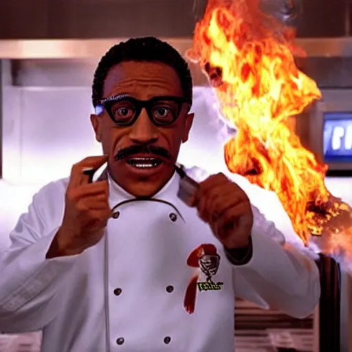 Image similar to Gustavo Fring sets fire to a KFC restaurant