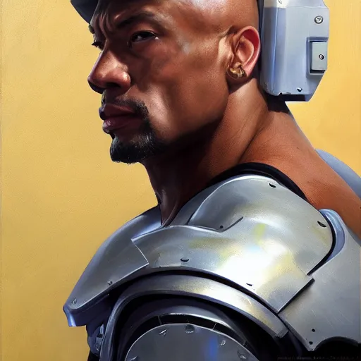 Image similar to greg manchess portrait painting of fully armored bionic augmented the foundation aka dwayne the rock as overwatch character, medium shot, asymmetrical, profile picture, organic painting, sunny day, matte painting, bold shapes, hard edges, street art, trending on artstation, by huang guangjian, gil elvgren, ruan jia, greg rutkowski, gaston bussiere