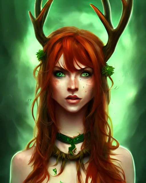 Prompt: cute female druid, perfect face, thin antlers, green halter top, ginger hair, abs, cinematic, freckles, stunning, athletic, strong, agile, highly detailed, smooth, hard focus, digital art, illustration, artstation