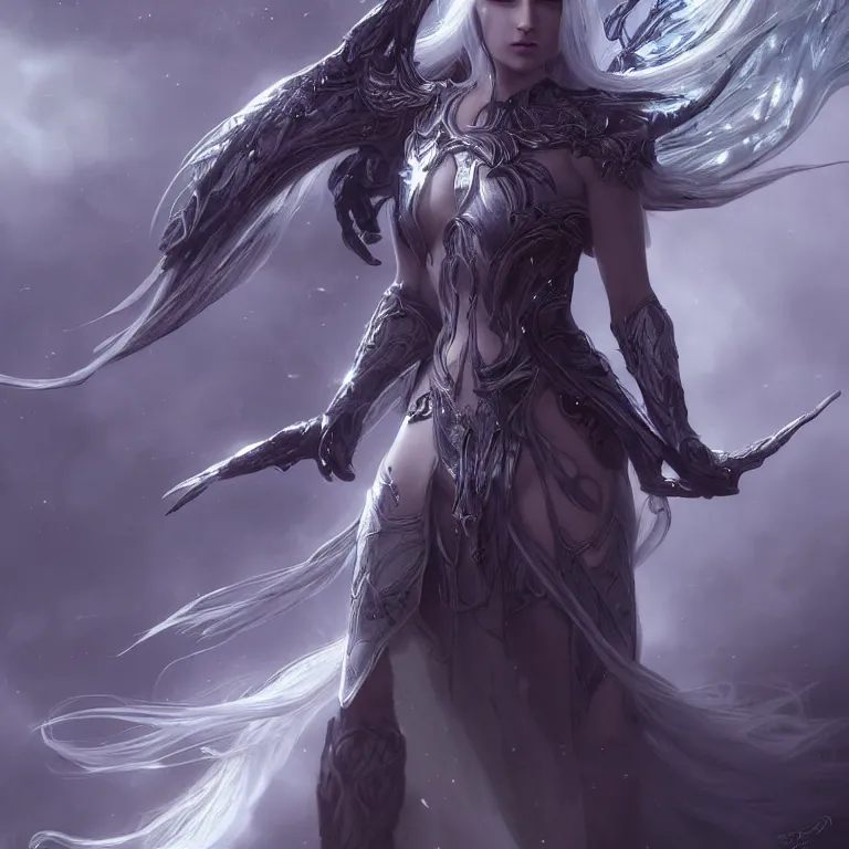 Prompt: beautiful cinematic fantasy poster, sci-fi, a beautiful female ghost with brilliant silver flowing hair and a brilliant jeweled silver helm, beautiful white glowing eyes, wideshot ultrawide angle epic scale, hybrid from The Elden Ring and art direction by Darius Zawadzki ;by artgerm; wayne reynolds art station; cinematic quality character render; low angle; ultra high quality model; production quality cinema model;