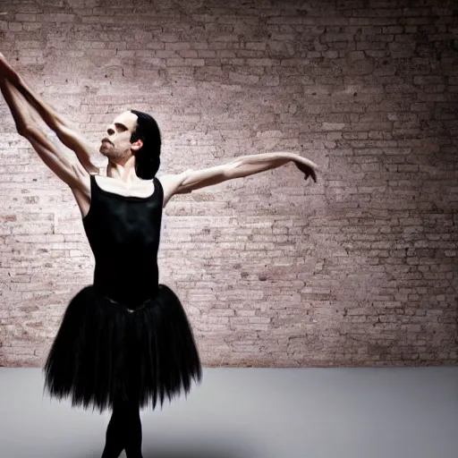 Image similar to nick cave dressed as a ballerina, low angle, studio photography