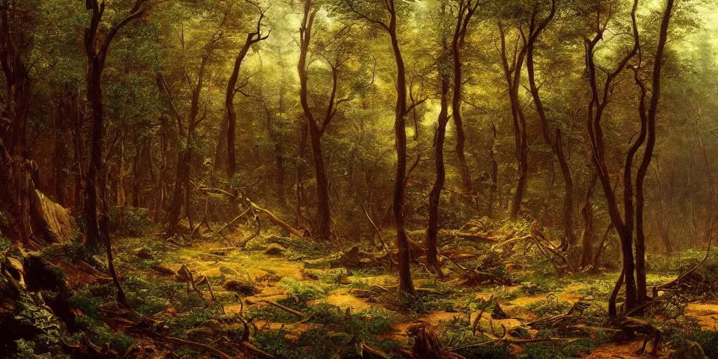 Image similar to 'nature painting of a fractured forest, trending on ArtStation. Extremely detailed and intricate art by Albert Bierstadt!'