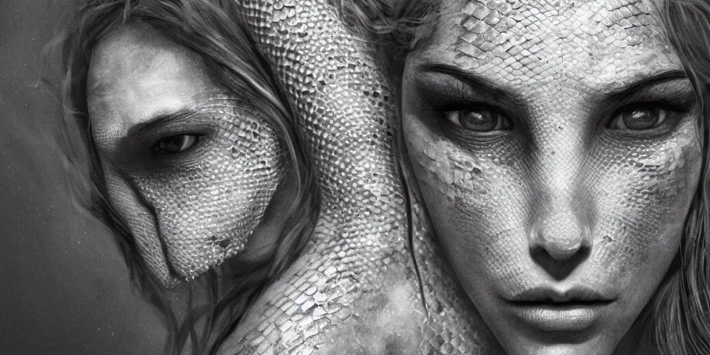 Image similar to centered detailed portrait of half snake half woman god, realistic character concept, scaly, lizard, rugged face, snake-like, beautiful sophisticated girl, identical eyes, gazing eyes, beautiful eyes medium shot, elegant pose, fantasy, illustration, slender symmetrical face and body, artstation, cinematic lighting, hyperdetailed, cgsociety, 8k, high resolution, Tom Richmond, single face, insanely detailed and intricate, octane render, golden ratio, dark fractal background, vfx, postprocessing, alluring.