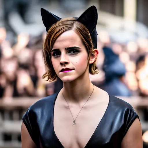 Image similar to Emma Watson as Catwoman, Fujifilm X-T3, 1/1250s at f/2.8, ISO 160, 84mm, 8K, RAW, symmetrical balance, Dolby Vision, HDR