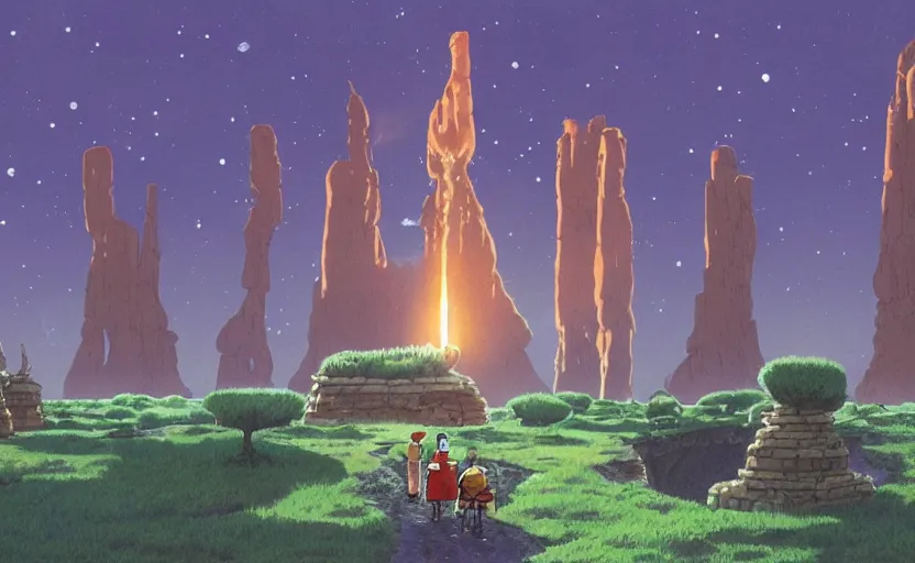 Prompt: a realistic cell - shaded studio ghibli concept art from paprika ( 2 0 0 6 ) of a cubic multi - colored rocketship from close encounters of the third kind ( 1 9 7 7 ) in a flooded monument valley stonehenge jungle jungle on a misty starry night. a camel caravan is in the foreground. very dull colors, portal, hd, 4 k, hq