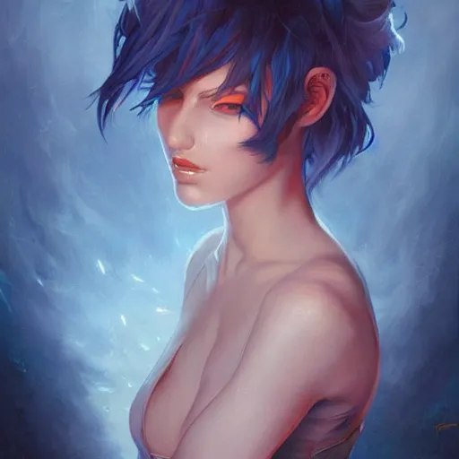 Prompt: a beautiful painting of a woman with short blue hair representative of the art style of artgerm and wlop and peter mohrbacher