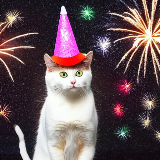 Image similar to a photo of a Cat wearing a birthday hat, studio portrait, fireworks in background