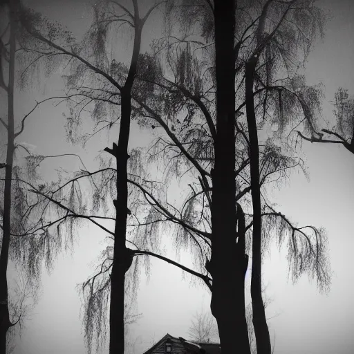 Image similar to moonlight shines through dead tree limbs, illuminating a small child peering into the window of a cabin on a dark foggy night