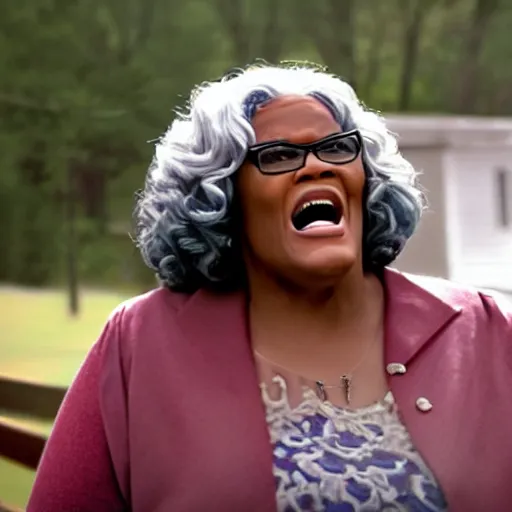 Image similar to a cinematic still of Madea preaching at a Baptist Church in Rural Tennessee, portrait, shallow depth of field, close up