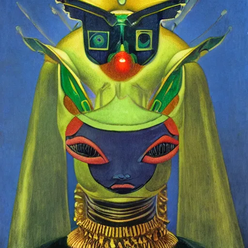 Image similar to robot wearing a luna moth mask, by annie swynnerton and leo and diane dillon and adolf wolfli and ( diego rivera ), elaborate costume, little glowing lights, rich color, dramatic cinematic lighting, smooth, sharp focus, extremely detailed