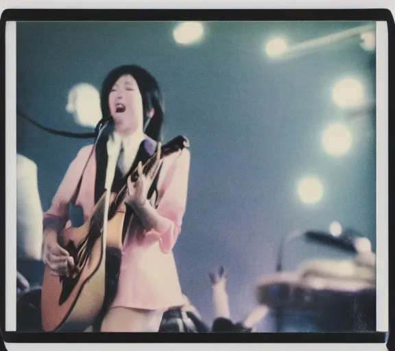 Prompt: polaroid photo of singer singing in an japan 1 9 8 0 pop big concert, photo by louise dahl - wolfe, color photo, colored