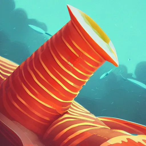 Image similar to orange striped traffic cone with shark teeth around the bottom opening, ocean background detailed atmospheric - ron cheng & alphonse mucha, highly detailed, digital painting, ray tracing, concept art, illustration, smooth sharp focus, intricate, symmetry, artstation,