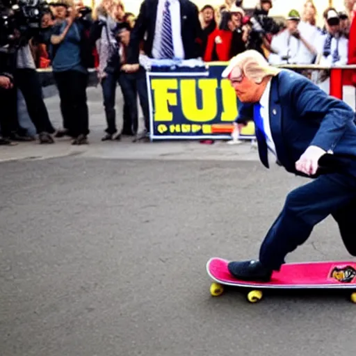 Image similar to donald trump doing a kickflip on a skateboard