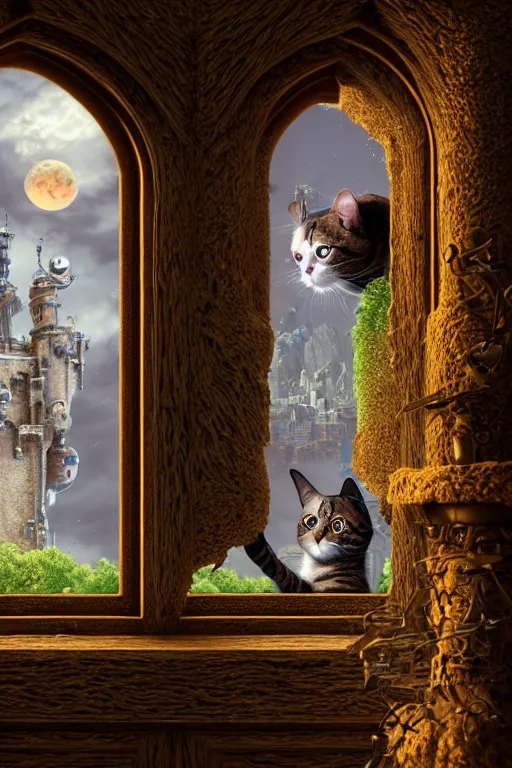 Image similar to humanoid cat looking out a castle window at his kingdom while a court jester waves at him, intricate detailed environment, photorealistic!, octane render, mechanical, concept art, cinematic lighting, digital art, interstellar, hyper realism, sharp, cyberpunk, 8 k, de dia los muertos. by angus mckie, moebius, maciej kuciara