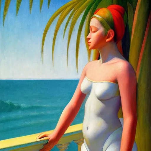 Image similar to a ultradetailed beautiful painting of a girl in the amazonas palace balustrade designed by edward hopper, tarsila do amaral, frank weston and gustave baumann, beach, trending on artstation, mediterranean, palm trees, detailed face, sharp focus, soft light, 8 k 4 k