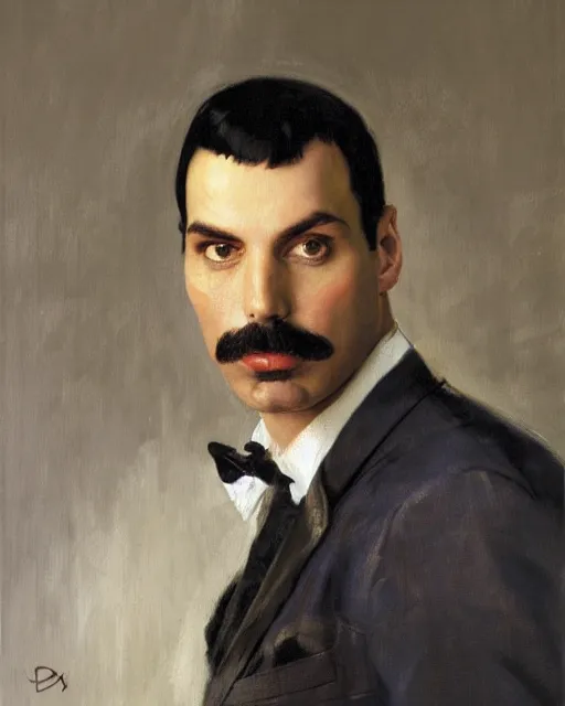 Prompt: freddie mercury slight smile, plein air headshot portrait oil painting by donato giancola, john singer sargent, frans hals, mandy jurgens, fashion photography