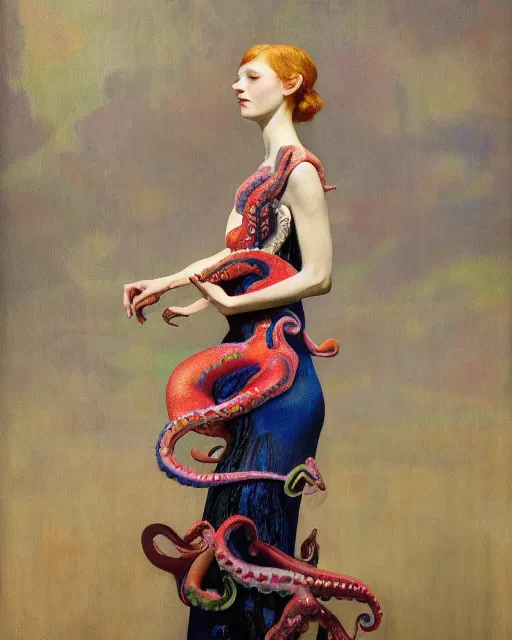 Image similar to a beautiful girl wearing a colourful octopus as a dress, painted by edgar maxence, edward hopper, wayne barlowe and james gilleard, airbrush, art by jamesjean