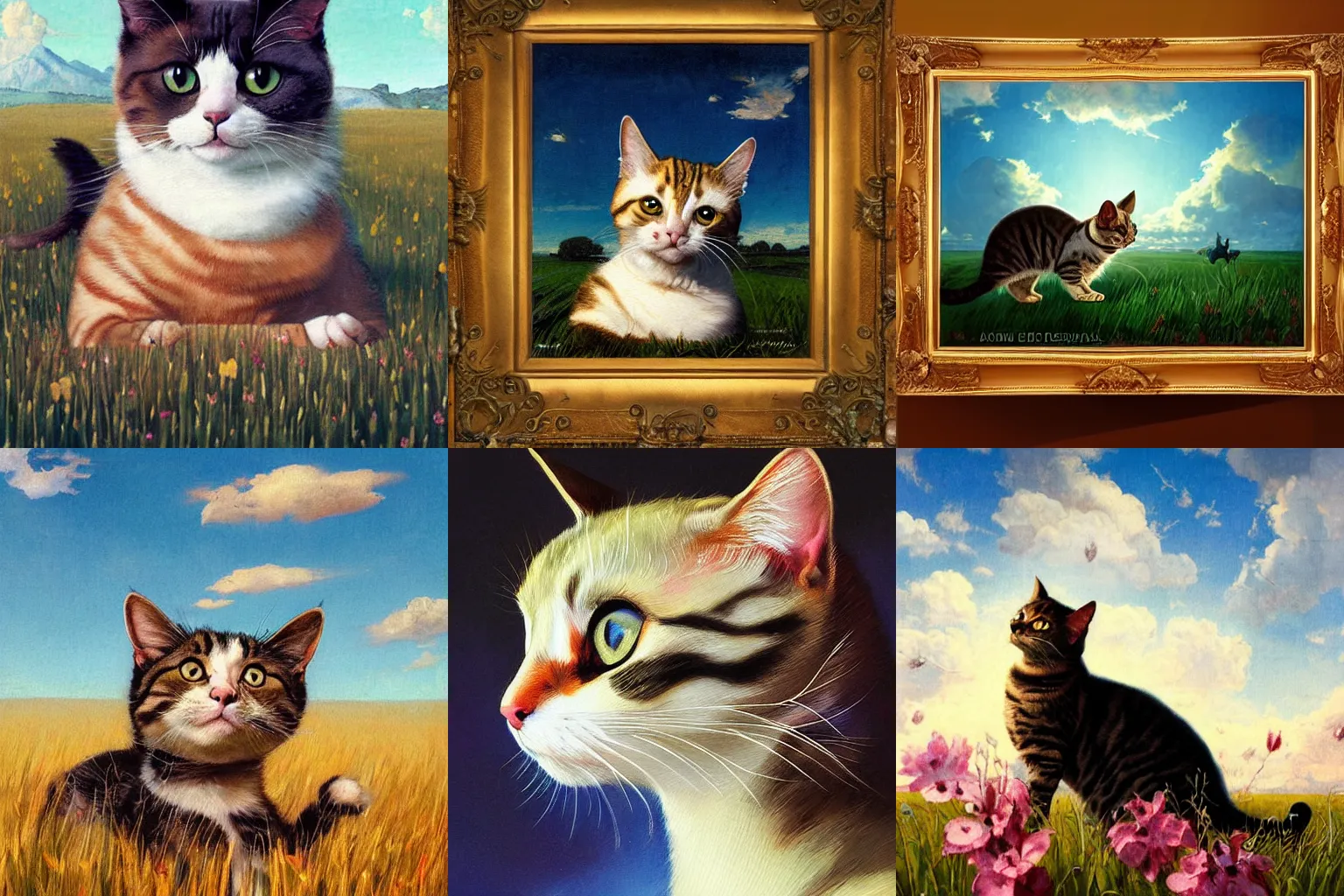 Prompt: A painting of a cat under the sky in a field, by (Ross Tran, Norman Rockwell, Leonardo da Vinci), extreme detail, Trending on Artstation