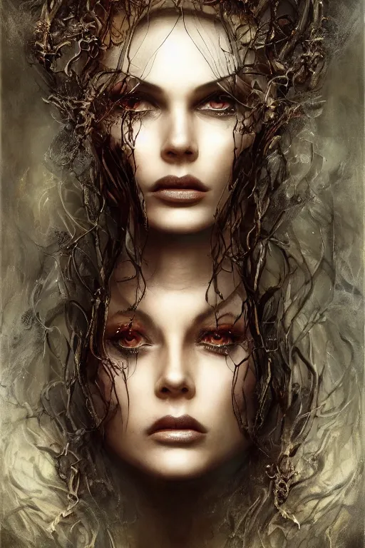 Image similar to single face portrait. very complex hyper-maximalist overdetailed cinematic darkfantasy portrait of an elegant very attractive but dangerous and wild female ent lady by andrei riabovitchev, tomasz alen kopera, oleksandra shchaslyva. Omnious intricate. Focus on face. Artstation. Deviantart. 8k 4k 64megapixel. Rendered by binx.ly. discodiffusion style portrait.