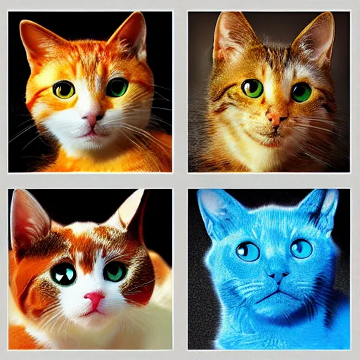 Prompt: a series of four pictures of different colored cats, computer graphics by hanns katz, pixabay contest winner, photorealism, quantum wavetracing, # myportfolio, macro photography