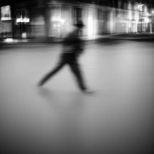 Image similar to an abstract photograph of a lonely male shadowy figure, he is dancing, there is a dark street, it is flooded with water, long exposure, motion blur, 35mm, black-and-white