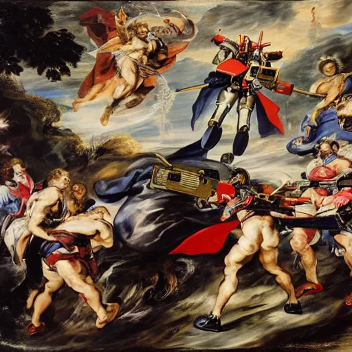 Image similar to peter paul rubens as consequences of wars with mecha gundam invited, random content position, delete duplicate content, photorealistic details content.