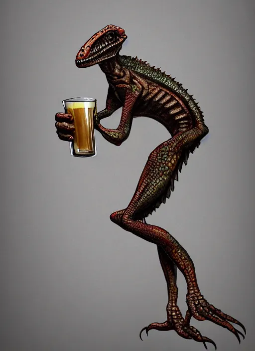 Prompt: human - body lizard drinks beer, human legs, beer, glass, beer mug in hand, intricate, triumphantly, foggy background, full body art, dark souls, drawing, concept art, artstation, digital painting