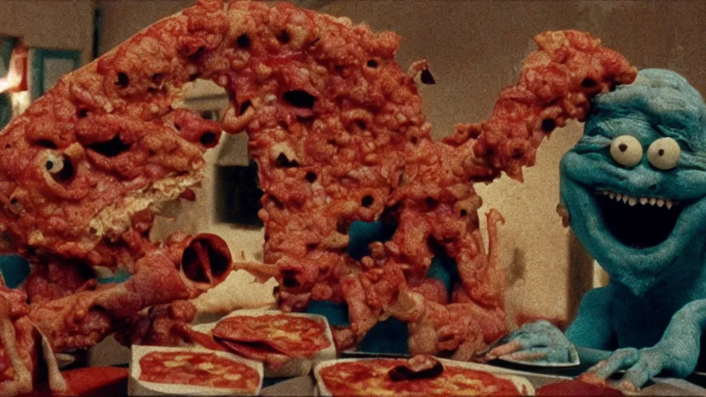 Prompt: the pizza creature eats, film still from the movie directed by wes anderson and david cronenberg with art direction by zdzisław beksinski and dr. seuss