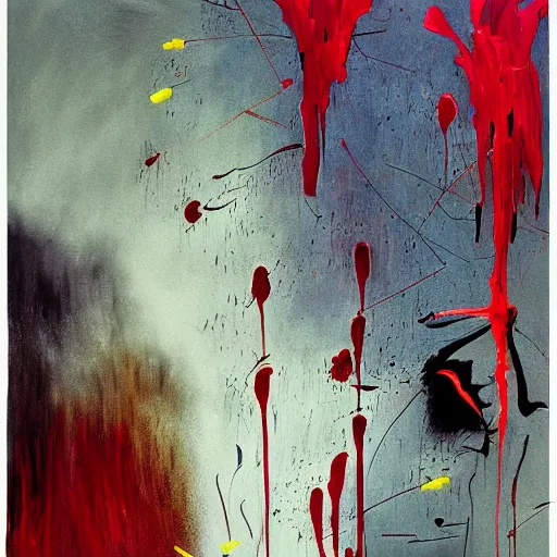 Image similar to minimalist epic floral composition of deadly silence, flowers, intense emotion, powerful painting, gritty feeling, raining, imagining a blissful fate, hope, anger, rage, willing, deconstructed, chaotic, expressive, neo-expressionism, by Francis Bacon, by Beksinski, by Abbas Kiarostami, by Kurosawa, by Hokusai, war photography, colorful, dreams, photojournalism, korean movie, masterpiece, elegant