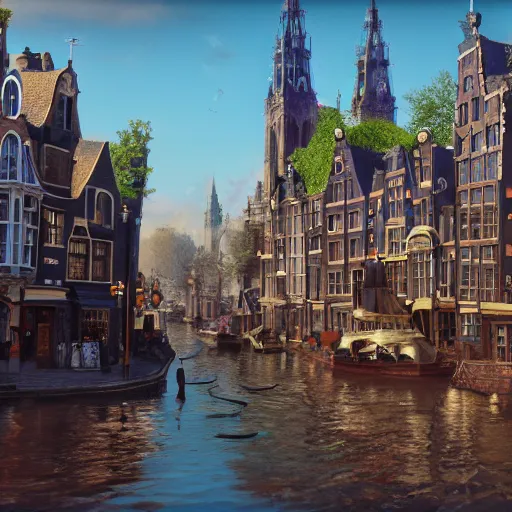 Image similar to a lively magical town inspired by victorian england and amsterdam, sunny weather, highly detailed, intricate, digital painting, trending on artstation, concept art, matte painting, art by greg rutkwowski, craig mullins, octane render, 8 k, unreal engine