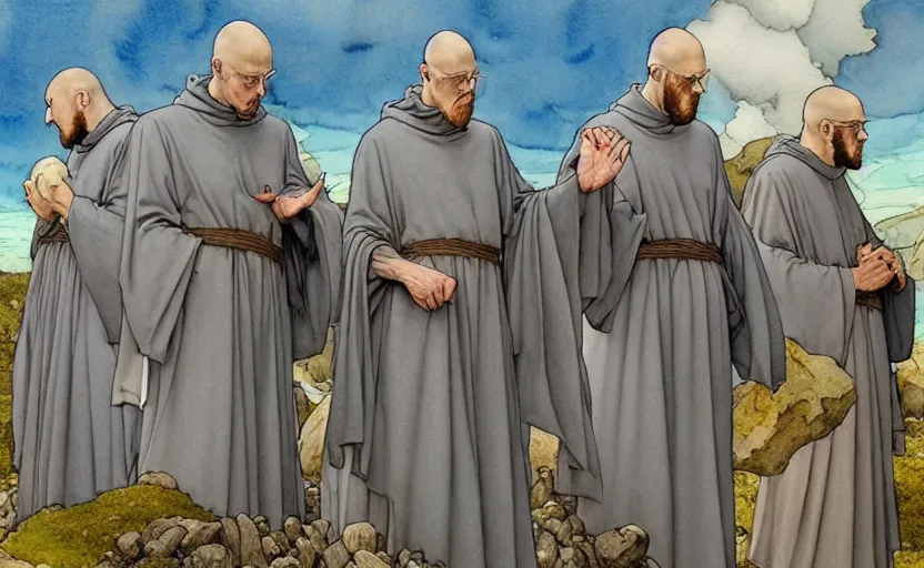 Prompt: a hyperrealist watercolour concept art of a group of medieval monks in grey robes pointing up at five large stones floating in the sky. by rebecca guay, michael kaluta, charles vess and jean moebius giraud. high detail, hq, wide shot