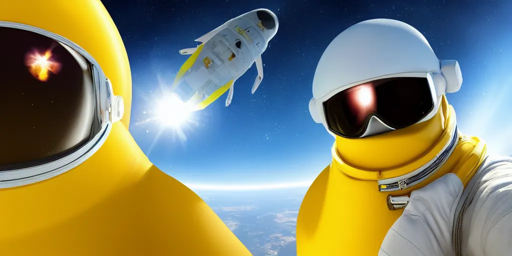 Prompt: ripe lemon astronaut is wearing sunglasses while gazing from the cockpit of space plane. scene outer space. background earth. photorealistic