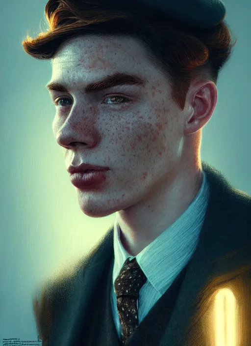 Image similar to portrait of archie andrews, freckles, curly peaky blinders hair, intricate, elegant, glowing lights, highly detailed, digital painting, artstation, concept art, smooth, sharp focus, illustration, art by wlop, mars ravelo and greg rutkowski