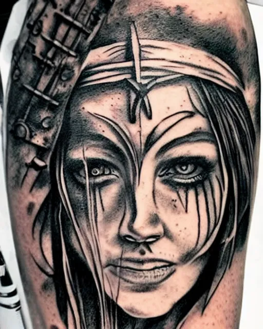 Image similar to pirate ship on a deserted island blended with a woman warrior face, realism tattoo drawing, hyper realistic, shaded