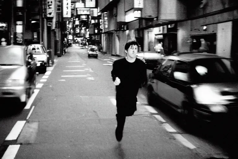 Image similar to Ian Curtis runs through the streets of Tokyo, 35mm film, by Shinya Tsukamoto